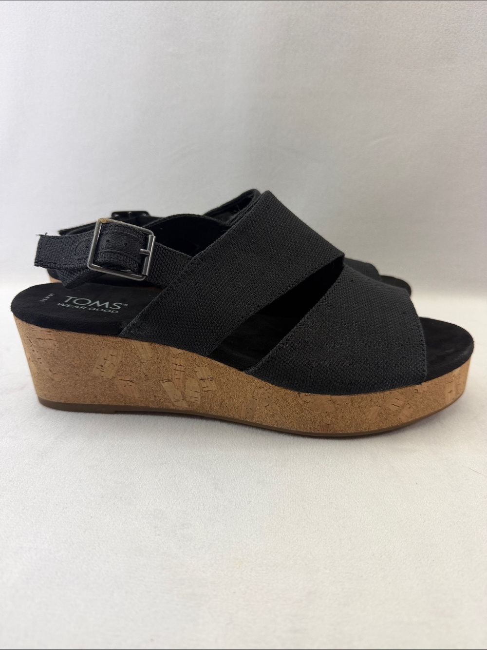 Women’s Black Fabric Cork Wedge Platform Sling Sandals Size 9.5W - Picture 3 of 7